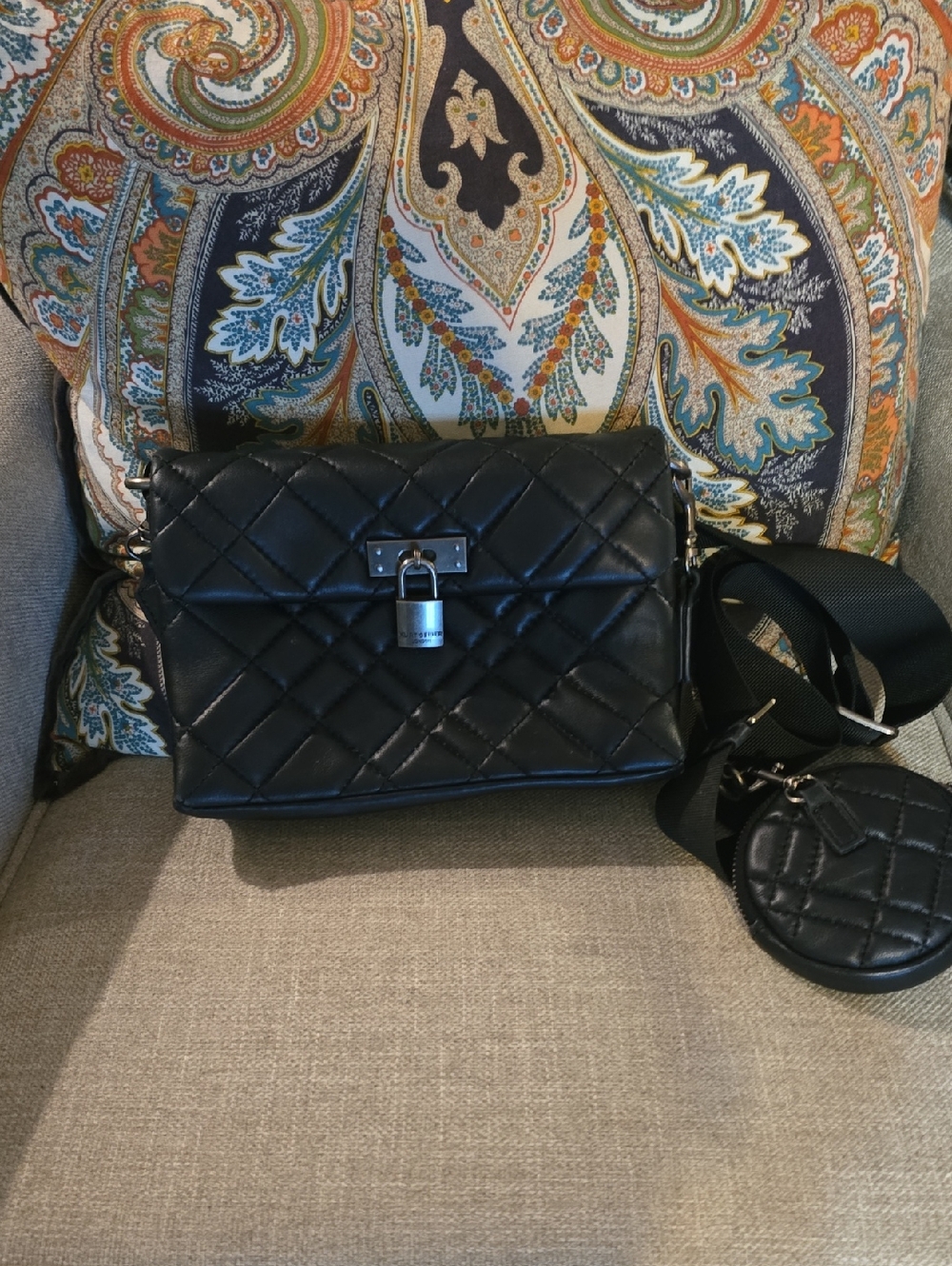 Kirk Geiger Quilted Black Leather Crossbody Bag with Padlock Accent